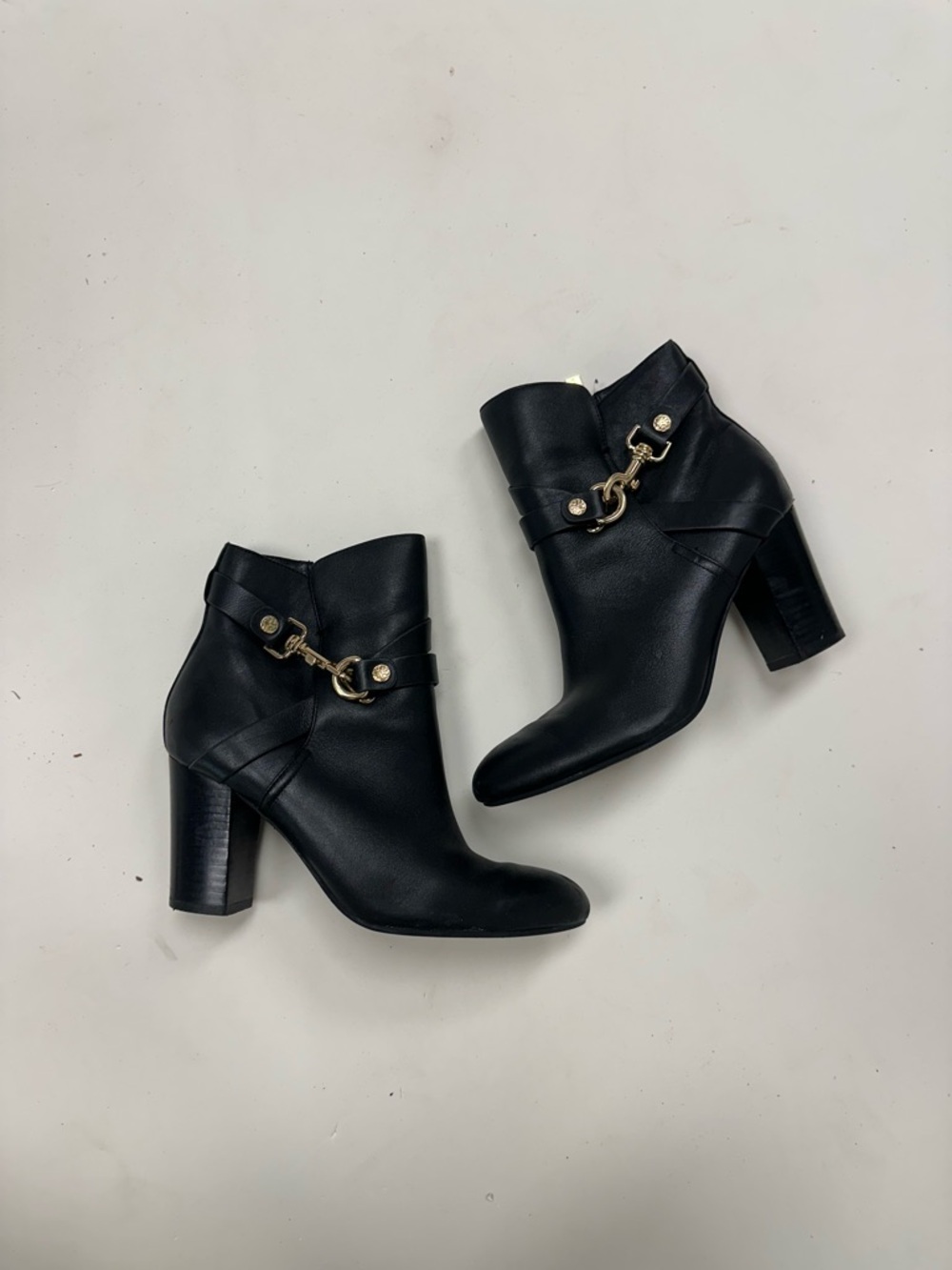 Black Leather Ankle Boots with Gold Chain Detail